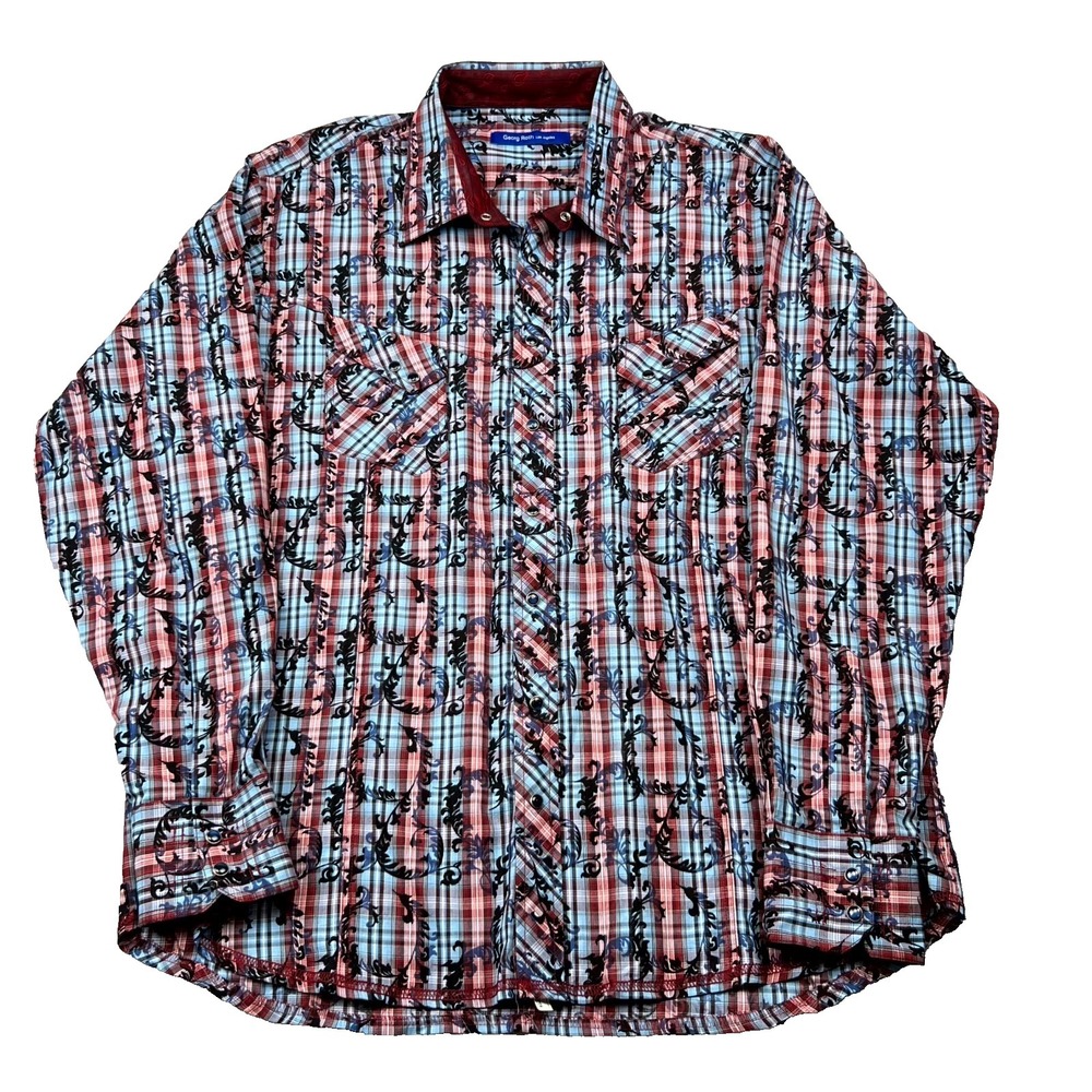 AOP Georg Roth Los Angeles Western Shirt Mens 2XL Plaid Pearl Snap Cowboy Dress‎